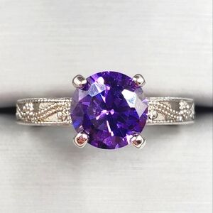 Round Amethyst Simulant Rhodium Plated Silver Tone Solitaire Ring